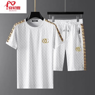 安初夏短袖t恤男套裝歐洲站刺繡夏季新款一套潮休閑運動衣服男裝兩件套 白色短款套裝 4XL