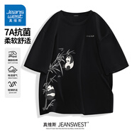 真維斯（Jeanswest）7A抗菌短袖t恤男士夏季2025新款潮牌情侶寬松透氣半袖體恤上衣服 黑色(墨竹熊貓胸標(biāo)_大右下標(biāo)) 2XL /185(體重160-180斤)