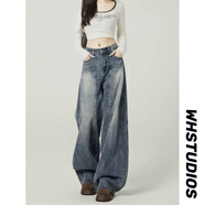 QGF復古藍高街寬松闊腿牛仔褲女男美式設計感高腰垂感直筒闊腿彎刀褲 藍色 M 【建議90-110斤】