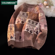 Colombass秋冬潮牌寬松毛衣男圓領(lǐng)提花圖案加厚慵懶休閑情侶針織衫上衣 M241咖色 XL