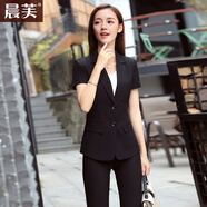 晨芙短袖職業(yè)西裝外套女夏氣質(zhì)面試正裝兩扣西服套裝女商務(wù)酒店工作服 黑色西裝+西褲+V領(lǐng)吊帶 S 建議80-90斤