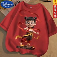 迪士尼（DISNEY）哪吒可愛卡通印花春夏新款男女短袖t恤純棉圓領寬松百搭上衣服 混天綾哪吒【紅】 120 30-40斤