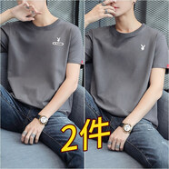 花花公子2件棉短袖T恤男夏季新款體桖潮體恤上衣服打底衫高級(jí)感休閑潮流高 15-702灰色+701灰色一線品牌 L
