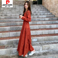 皮爾卡丹（pierre cardin）新款高個子春秋超長款連衣裙女腳踝氣質(zhì)大碼女裝拖地長裙子 紅色 2XL 129-140斤