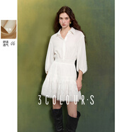 三彩2025秋款萊賽爾連衣裙翻領(lǐng)收腰A字裙提花短裙九分袖S 珍珠白 XL 170/92A