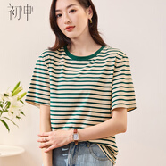 初申夏款復古條紋短袖T恤女撞色拼接百搭圓領(lǐng)上衣S13JT1791 綠色 L