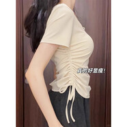 依慕琪碩依美戀不規(guī)則抽繩正肩短袖t恤女夏季新款顯瘦設(shè)計(jì)感甜辣v領(lǐng)短款 圖片色 均碼  M