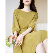 德瑪納【高彈連衣裙】春秋圓領(lǐng)收腰傘裙五分袖連衣裙女中長(cháng)款