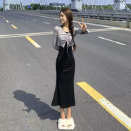 GOCHIEI社會(huì )女魚(yú)尾裙套裝快手網(wǎng)紅同款開(kāi)叉收腰包臀掛脖連衣裙+長(cháng)袖罩衫 灰上衣+黑色掛脖裙 M [建議90-105斤]