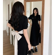 JRET大碼胖mm翻領(lǐng)針織后背蝴蝶結連衣裙女2025夏季新款韓版收腰顯瘦 黑色 L 【建議100-120斤】
