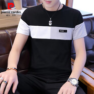 皮爾卡丹（pierre cardin）男士短袖T恤夏季休閑拼接款男裝上衣服舒適修身潮流半袖打底小衫 圓領(lǐng)拼塊【短袖】黑色 M