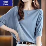 羅蒙（ROMON）女裝T恤女2023年夏季新款圓領(lǐng)冰絲短袖女寬松蝙蝠衫T恤薄中袖上衣 霧霾藍 XL 115-125斤