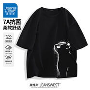 真維斯（Jeanswest）7A抗菌短袖t恤男士夏季2025新款潮牌情侶寬松透氣半袖體恤上衣服 黑色(大仰望貓左下標) XL /180(不起球不掉色)