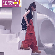 沉鯨爵士舞服裝女套裝街舞兒童潮服女童露臍上衣炸街嘻哈套裝女孩表演 黑色半高領(lǐng)背心+復(fù)古紅工裝長褲 160