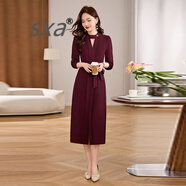 SXA香港潮牌長(cháng)袖赫本風(fēng)連衣裙女2025春秋新款氣質(zhì)綁帶開(kāi)叉打底小黑裙 紅色 2XL