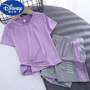 迪士尼（Disney）品牌夏裝童裝男童兒童套裝夏季速干短袖t恤運動(dòng)短褲女童網(wǎng)眼冰絲 紫色 納米拼色套裝 160 cm