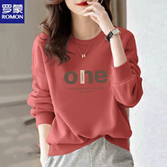 羅蒙（ROMON）棉衛衣女寬松韓版春秋款長(cháng)袖套頭大碼女裝上衣圓領(lǐng)加絨外套潮 one字母#【磚紅】薄/款 M 【建議70-100斤】