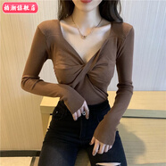 柏潮夏季針織衫女新款2025網(wǎng)紅長袖V領(lǐng)內(nèi)搭打底衫感短款上衣 咖啡色 均碼 彈力均碼(建議70-120斤)
