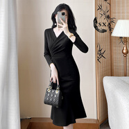SXA香港潮牌長(cháng)袖V領(lǐng)職業(yè)連衣裙女2025春季新款時(shí)尚修身包臀魚(yú)尾裙 黑色 XL