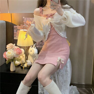 凌卡戚開叉吊帶連衣裙女秋季2025新款甜美純欲修身顯瘦蝴蝶結(jié)打底裙 白色外搭+粉色裙套裝 XL
