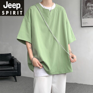 JEEP SPIRIT吉普冰絲亞麻短袖t恤男款夏季涼感透氣7七分袖棉麻速干V領(lǐng)體恤男 淺綠色 M 90斤至110斤可穿