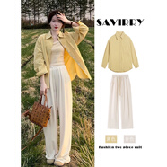 妃莉杋（FeiLiFan）休閑褲女裝2025年春裝新款時(shí)尚減齡襯衫寬松顯瘦闊腿褲套裝兩件套 黃色襯衫+杏色褲子 M