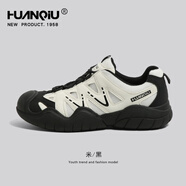 環(huán)球（HUANQIU）厚底登山鞋男款2024新款戶外徒步運動冬季休閑老爹鞋 米黑[黑白鞋帶隨機發(fā)] 41