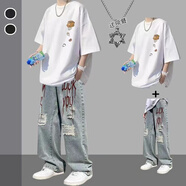 曙影（SHUYING）夏季套裝短袖T恤男生ins潮流設(shè)計感痞帥一套搭配男裝痞帥兩件套 M253白色+項鏈+破洞牛仔褲藍(lán) L