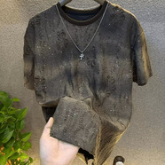 暢登夏季新款輕奢高品質(zhì)男士滿天星短袖T恤潮流亮片漸變燙鉆破洞上衣 咖色 【T398】 M
