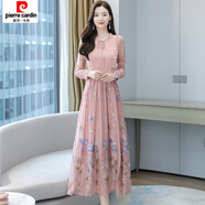 皮爾卡丹（pierre cardin）雪紡連衣裙子女春裝2024年新款高端大氣質(zhì)洋氣顯瘦長(cháng)袖大擺長(cháng)裙子 粉紅色 M