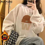 棉致加絨慵懶風(fēng)小個(gè)子衛(wèi)衣女春秋季新款寬松圓領(lǐng)印花學(xué)生時(shí)尚 Y16064白灰色【加絨高品質(zhì)28】 M 80-105斤