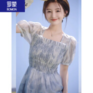 羅蒙（ROMON）女裝天絲扎染印花連衣裙2024新款夏季法式小個(gè)子淡雅色調顯瘦裙子 方領(lǐng)連衣裙 S