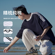 Shelley Jones 條紋織帶純棉短袖t恤男夏季新款重磅270g打底衫五分半袖潮流體恤 藏青色 XL [推薦120-140斤]