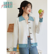Halo Queen針織衫女撞色翻領(lǐng)短外套牛角扣針織開(kāi)衫百搭新品H143U2005