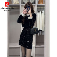 皮爾卡丹（pierre cardin）高腰亮片短裙秋冬2025新款黑色顯瘦A字包臀裙亮閃閃半身裙子女春 黑色上衣+款短裙【套裝】 常規(guī) S
