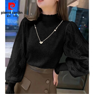 皮爾卡丹（pierre cardin）打底衫半高領(lǐng)蕾絲袖薄款毛衣女洋氣長(cháng)袖內搭短款上衣2025春秋新款 黑色 2XL 建議130-140斤