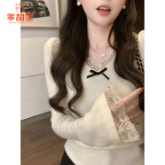 乖甜星法式小香風蕾絲花邊v領針織衫女秋冬純欲風顯瘦修身內(nèi)搭打底上衣 奶白色 S