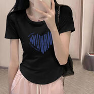 梵闋短袖正肩t恤女夏季新款設計感小眾顯瘦不規則別致甜辣風(fēng)ins上衣 愛(ài)心-黑色 S -建議100斤內