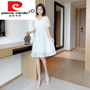 皮爾卡丹（pierre cardin）感法式赫本風(fēng)中長裙洋氣質(zhì)時尚V領(lǐng)連衣裙收腰顯瘦A字仙女裙潮 杏色 2XL 【建議125-135斤穿】