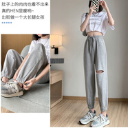 索宛亦（SUOWANYI）小個(gè)子束腳運(yùn)動(dòng)休閑褲2025新款夏季薄款大碼墜感松緊高腰顯瘦破洞 灰色破洞哈倫褲 L 【建議106-120斤】