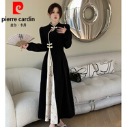 皮爾卡丹（pierre cardin）春秋新中式國(guó)風(fēng)復(fù)古改良旗袍裙子女裝大l碼胖歐美長(zhǎng)袖高腰連衣裙 黑色 L 【建議100-120斤】