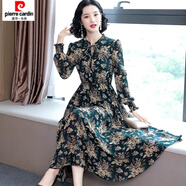 皮爾卡丹（pierre cardin）春秋雪紡連衣裙長(cháng)袖女新款氣質(zhì)大碼長(cháng)款修身收腰顯瘦碎花裙女 尊貴綠 M