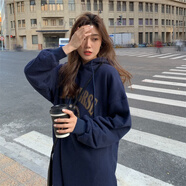 BMOI特大碼300斤衛衣長(cháng)裙女春秋胖MM寬松韓版加絨加厚連帽長(cháng)款連衣裙2 藏青色 XL 建議110-140斤