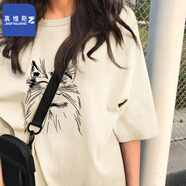 真維斯（JEANSWEST Z+）短袖女2025新款春夏純棉半袖t恤胖mm大碼寬松休閑時(shí)尚男女款半袖 杏（微笑貓咪） 2XL (130-150斤）