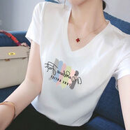 艾妃琳白色短袖T恤女2024夏季新款洋氣休閑寬松印花純棉V領(lǐng)半袖體恤上衣 白色【6色字母】 M