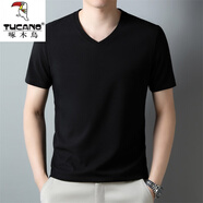 啄木鳥(niǎo)夏季短袖T恤男士雞心領(lǐng)純棉韓版潮流v領(lǐng)上衣中青年華格夫打底汗衫 801黑色 4XL 190/130185-200斤