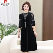 皮爾卡丹（pierre cardin）新款洋氣媽媽春秋減齡顯瘦連衣裙時(shí)尚中老年女裝新中式金絲絨裙子 藍色 XL 建議90斤-110斤