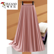 啄木鳥(niǎo)高端風(fēng)琴褶皺緞面壓褶半身裙春秋松緊腰垂墜感顯瘦百褶裙傘裙女夏 粉紅色 XL
