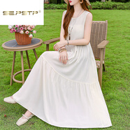 夏典素訂女王（SE.PSTP）夏季棉綢連衣裙新款外穿年輕款吊帶沙灘裙女無(wú)袖度假裙子長(zhǎng)裙飄逸 米白色今年流行的輕奢品牌 2XL 建議110-125斤