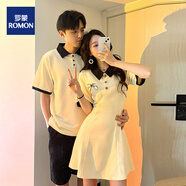 羅蒙（ROMON）情侶裝一衣一裙t恤男士短袖學(xué)院風(fēng)夏季新款約會(huì )度假連衣裙女套裝 杏色連衣裙女 S